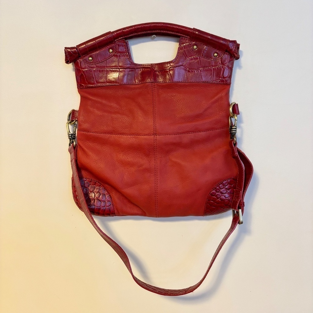 Michael Rome Leather Croc Print Shoulder Hand Bag Purse Magnetic Red 12” x 14” - Picture 2 of 3